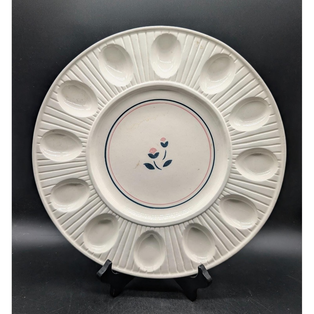 Pottery Craft Ceramic Deviled Egg Platter Floral Ribbed Cream 12 Wells USA